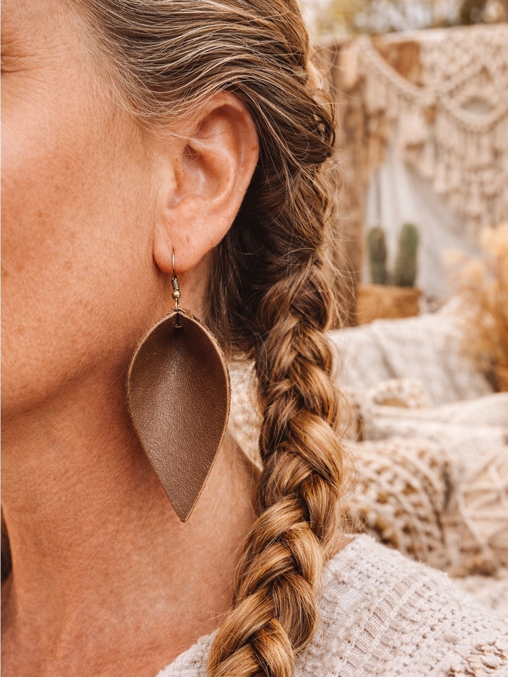 Brown  Leather Leaf Drop Earrings, Boho everyday dangle, costal cowgirl earrings